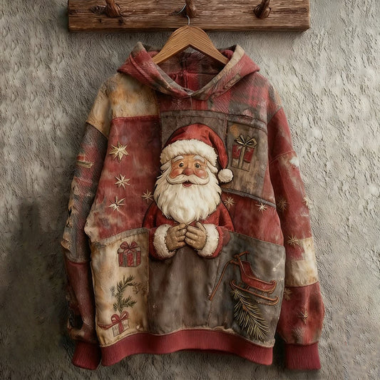 Comstylish Women's Vintage Christmas Santa Claus Patchwork Art Casual Hoodie