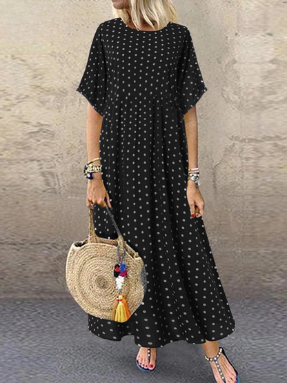 SL | Polka Dot Femme Midi Robe Bohème Vacances Manches Courtes Décolleté O Longue Robe Vintage Décontractée A-Line Vestidos Été