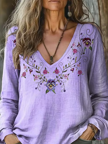 Comstylish Women's Alzheimer's Floral Printed Cotton And Linen Long Sleeve Top