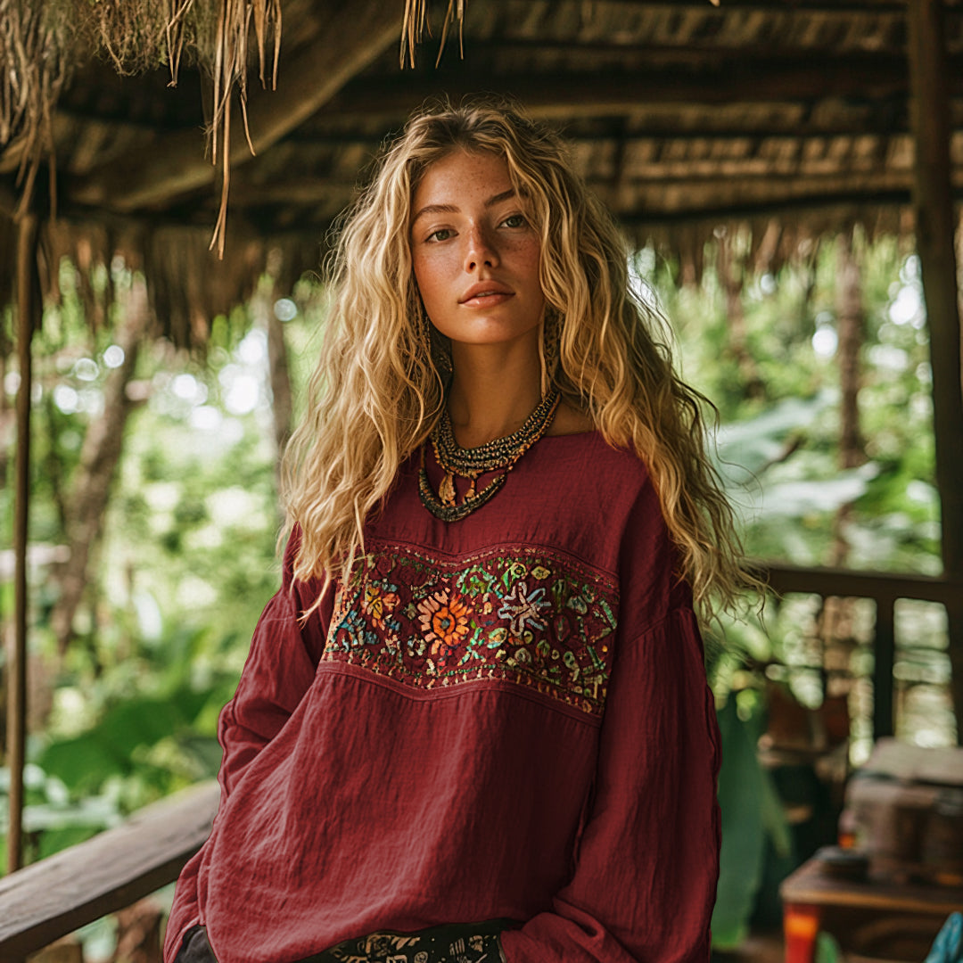 Comstylish Retro Bohemian Art Embroidery Print Cotton And Linen Blend Loose Blouse