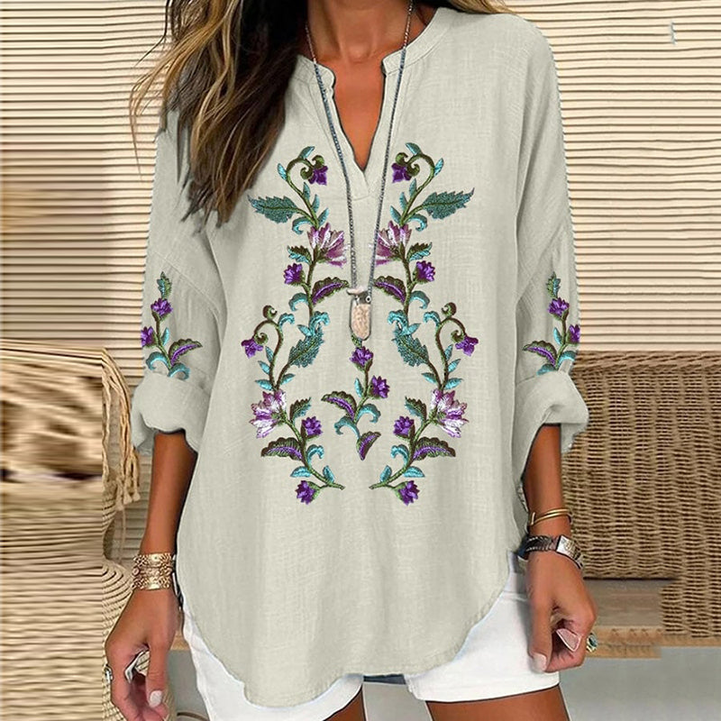 Scottish Thistle Embroidered Linen Blend Blouses artswardrobe