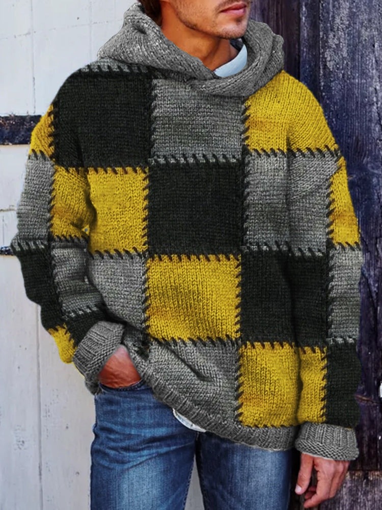Men's Retro Colorblock Patchwork Stitched Cozy Hooded Sweater artswardrobe