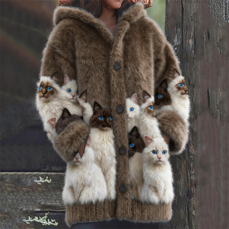 Cardigan en laine à imprimé de chats noir et blanc