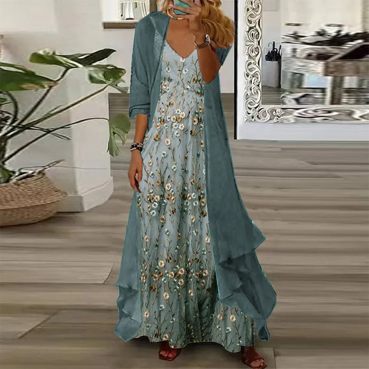 KS | Robe longue jeune à petit imprimé floral avec veste fine, tenue deux pièces