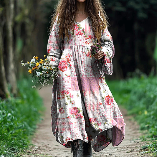 Vintage Floral Art Cotton Linen Comfy Maxi Dress artswardrobe