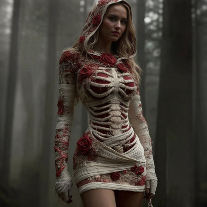 Comstylish Women's Vintage Red Rose Skeleton Art Knit Hooded Mini Sweater Dress