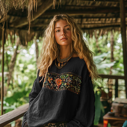 Comstylish Retro Bohemian Art Embroidery Print Cotton And Linen Blend Loose Blouse