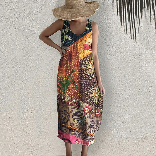 Vintage Bohemian Geometric Art Linen Blend Dress artswardrobe