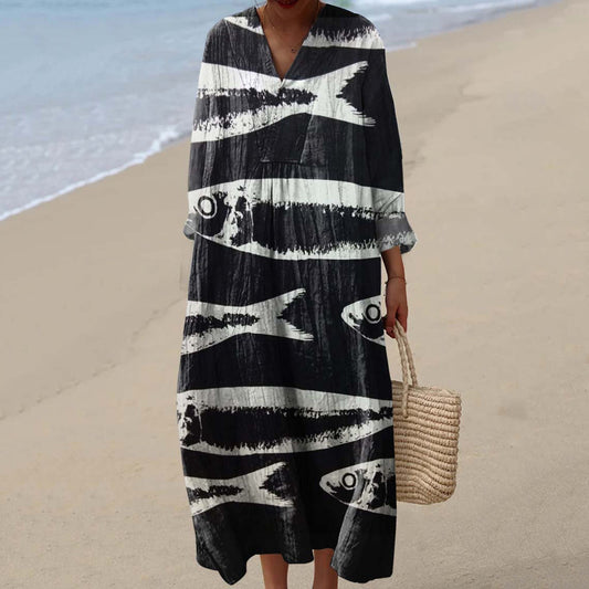 Women's Fun Fish Art Print Cotton And Linen Dress artswardrobe