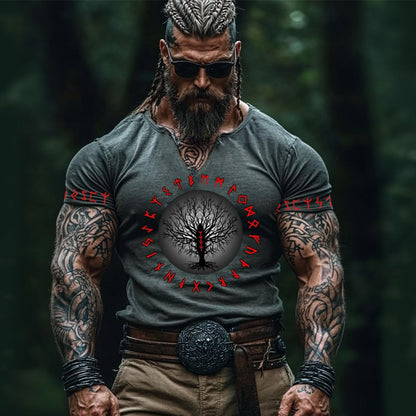 Vintage Viking Tree Of Life Rune Linen V-neck Shirt artswardrobe