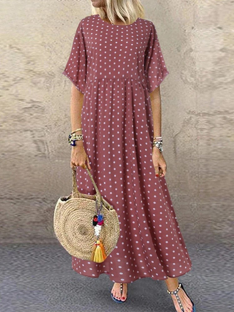 SL | Polka Dot Femme Midi Robe Bohème Vacances Manches Courtes Décolleté O Longue Robe Vintage Décontractée A-Line Vestidos Été
