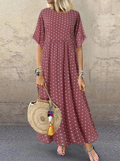 SL | Polka Dot Femme Midi Robe Bohème Vacances Manches Courtes Décolleté O Longue Robe Vintage Décontractée A-Line Vestidos Été