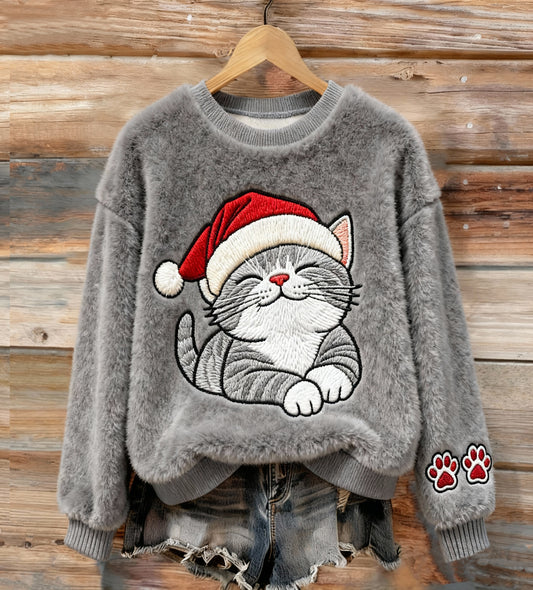 Women's Cute Christmas Cat Embroidery Art Comfort Plush Sweatshirt elevenforest