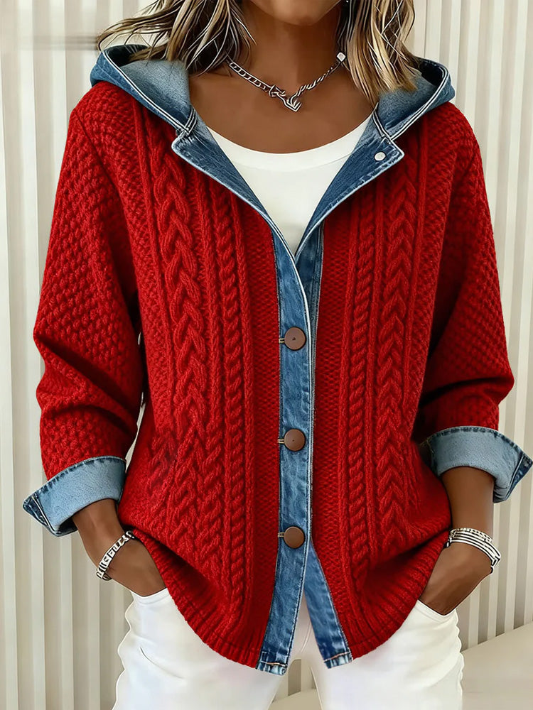 Pull en coton à col en jean et motif torsadé