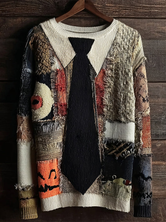 Halloween Monster Eyes Embroidered Tie Patchwork Women's Knit Crewneck Sweater artswardrobe
