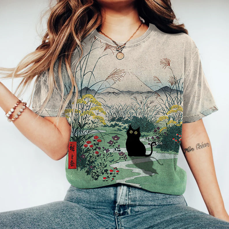 Vintage Japanese Art Floral Cat Round Neck Casual T-Shirt elevenforest