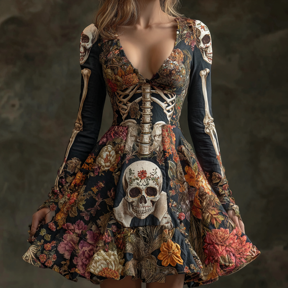 Comstylish Day Of The Dead Lady Retro Cotton-blend V-neck Long-sleeve Lace Dress