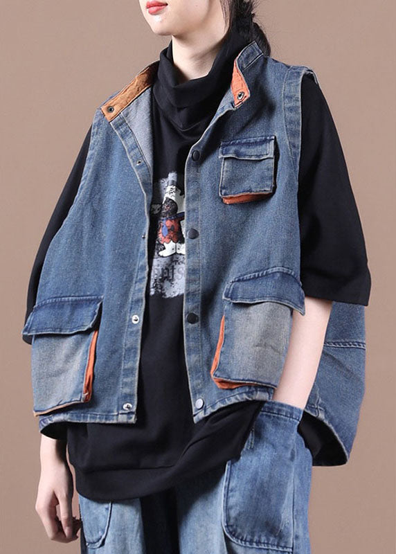 Gilet en jean bleu élégant à boutons, poches et patchwork, automne