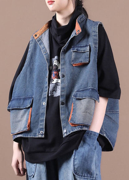 Gilet en jean bleu élégant à boutons, poches et patchwork, automne