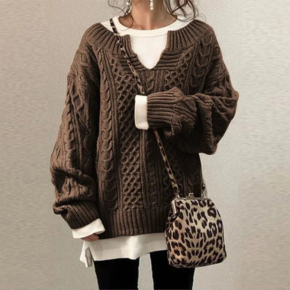 Pull torsadé en coton à encolure clé de cœur et panneaux de textures mixtes