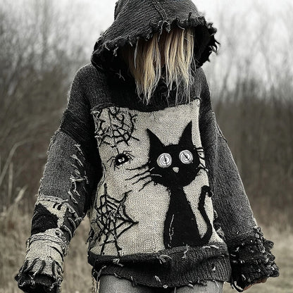 Halloween Scared Black Cat Patchwork Stitched Cozy Knit Hooded artswardrobe