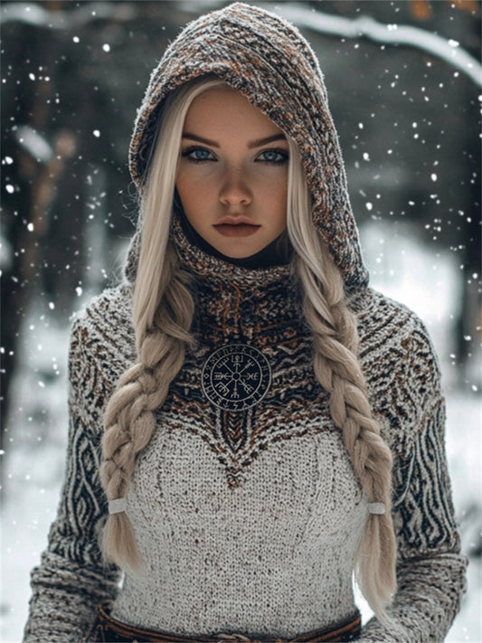 Viking Vegvisir Tribal Contrast Cozy Hooded Sweater artswardrobe