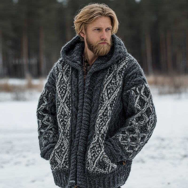 Men's Vintage Fairman Island Jacquard Warm Hooded Sweater Cardigan artswardrobe