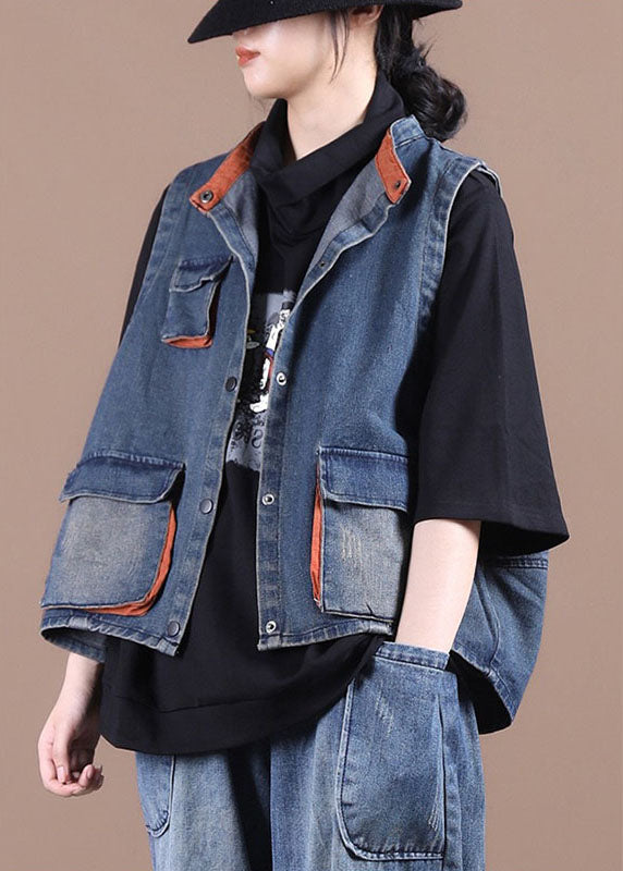 Gilet en jean bleu élégant à boutons, poches et patchwork, automne
