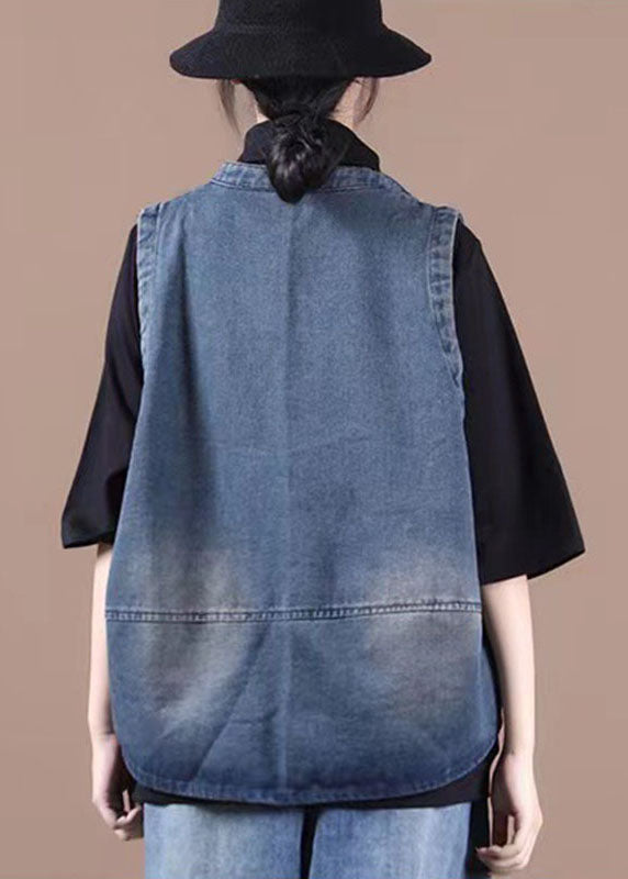Gilet en jean bleu élégant à boutons, poches et patchwork, automne