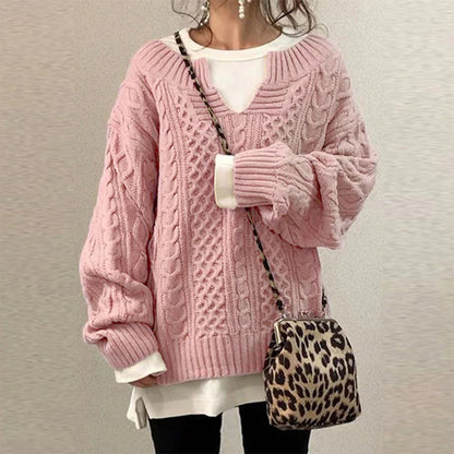 Pull torsadé en coton à encolure clé de cœur et panneaux de textures mixtes