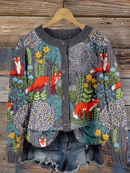 Fox in the Forest Pattern Vintage Cozy Knit Cardigan artswardrobe