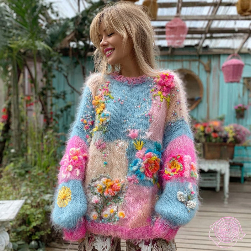 Pull en coton avec bouquets de fleurs tricotées multicolores