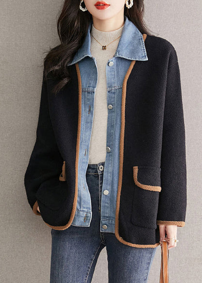 Manteau en laine noir unique à col Claudine, patchwork en jean, effet deux pièces, automne