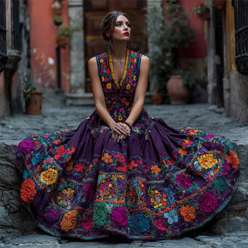 Comstylish Day Of The Dead Mexican Floral Embroidered Linen Maxi Dress