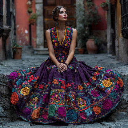 Comstylish Day Of The Dead Mexican Floral Embroidered Linen Maxi Dress