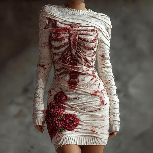 Comstylish Classy Roses Skeleton Anatomy Bloody Bandages Cozy Sweater Dress