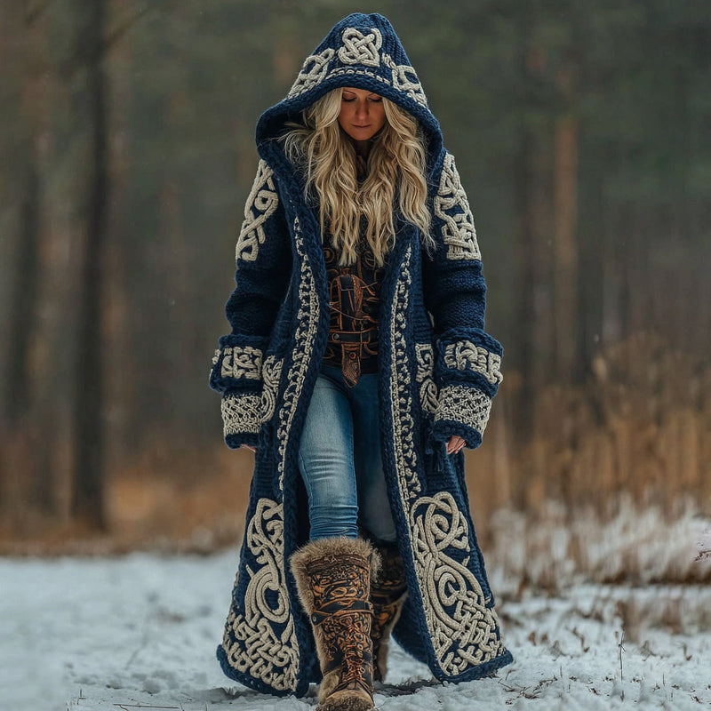 Long manteau mélange laine à capuche, motif de nœuds celtiques et appliqués tribaux