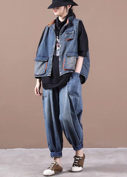 Gilet en jean bleu élégant à boutons, poches et patchwork, automne
