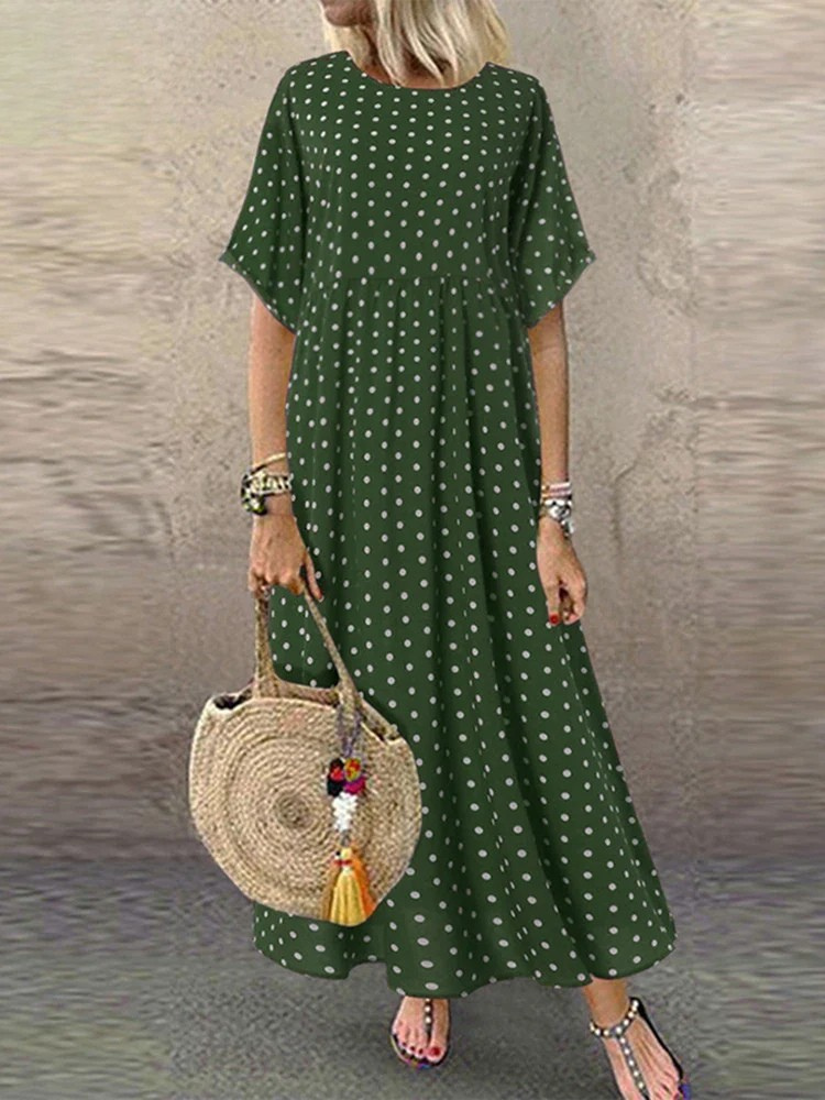 SL | Polka Dot Femme Midi Robe Bohème Vacances Manches Courtes Décolleté O Longue Robe Vintage Décontractée A-Line Vestidos Été