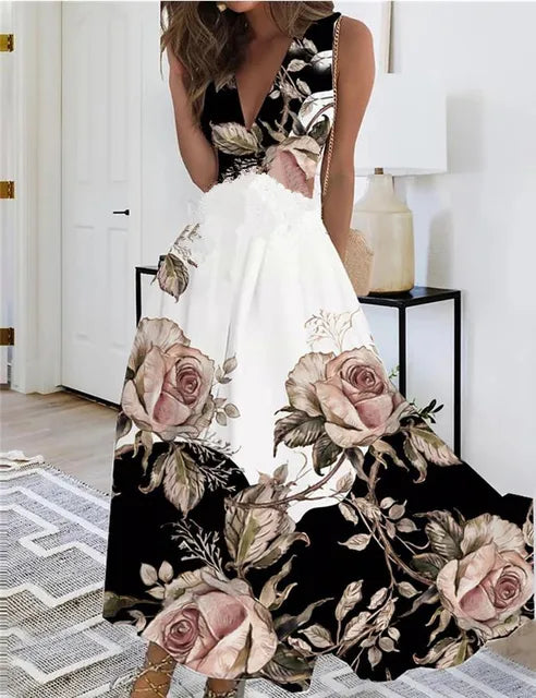 SL | robe maxi sans manches décolleté en V fleuri