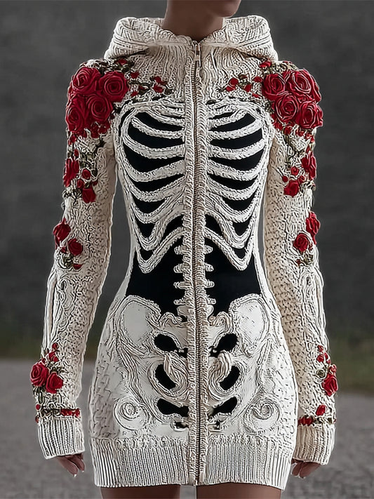 Comstylish Halloween Skeleton & Floral Women's Hooded Zip-up Cardigan