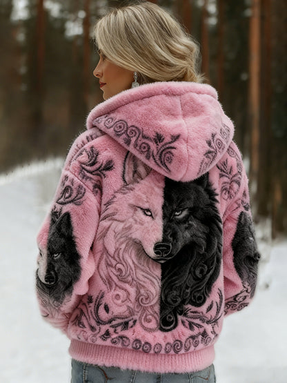 Comstylish Women's Viking Wolf Art Knit Cozy Flannel Hooded