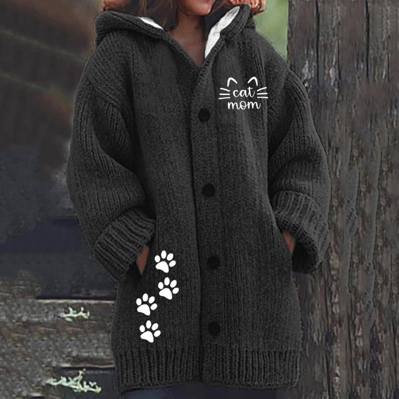 Cat Print Long Sleeved Knitted Hooded Cardigan elevenforest