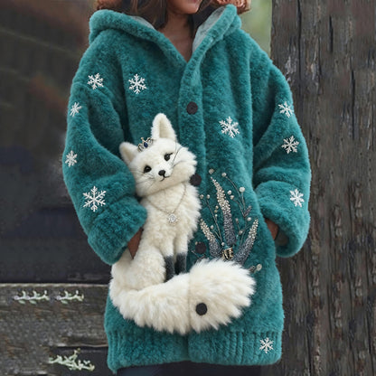 Women's Fox Print Cozy Knit Hooded Sweater Cardigan