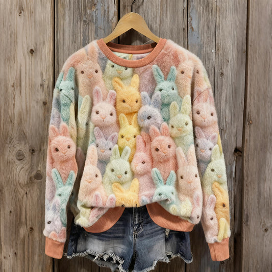 Cute Pastel Fluffy Rabbits Pattern Cozy Plush Sweatshirt