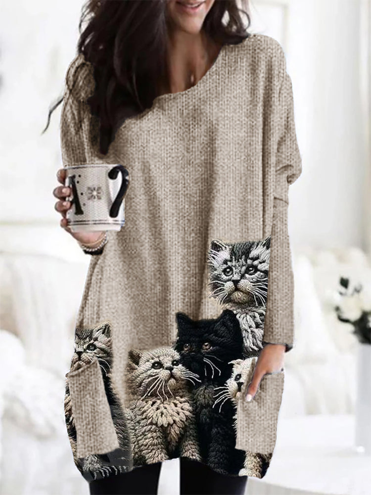 Fuzzy Cats Crochet Art Patch Pocket Cozy Knit Cardigan elevenforest