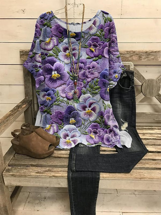 Women's Pansy Floral Pattern Short Sleeve T-Shirt