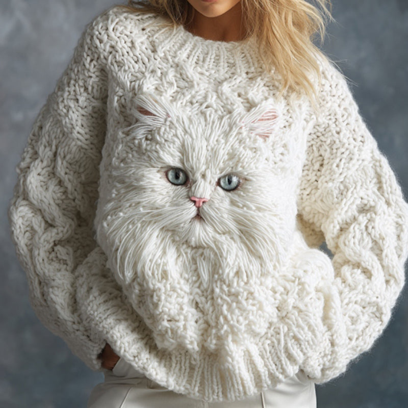 Pull en laine avec visage de chat blanc pelucheux