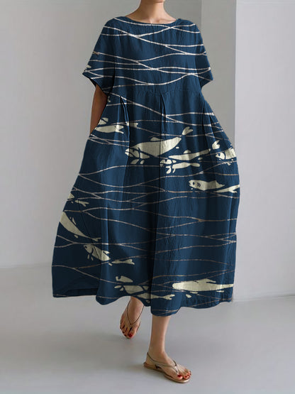 Comstylish Cluster of Fish Sea Waves Japanese Lino Art Linen Blend Maxi Dress