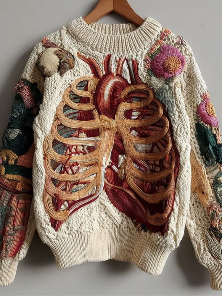 Pull en laine à motif de cœur anatomique et de squelette